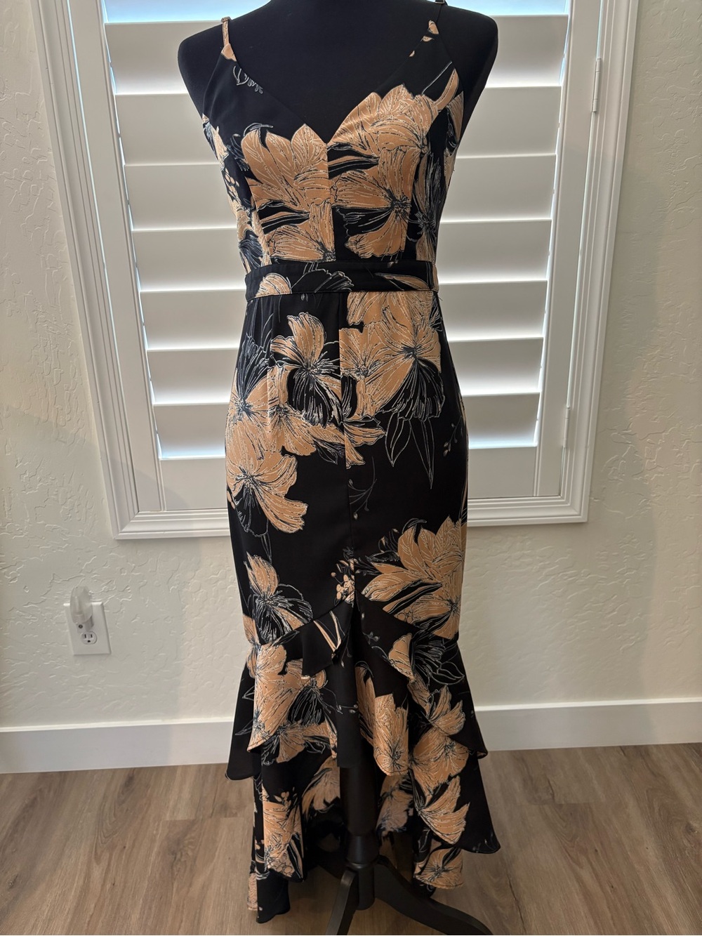 Lulu's Black & Tan Floral Ruffle High-Low Midi Dress